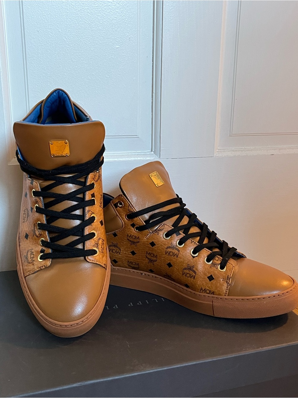 MCM Men's Cognac Logo-Print High-Top Sneakers with Black Laces